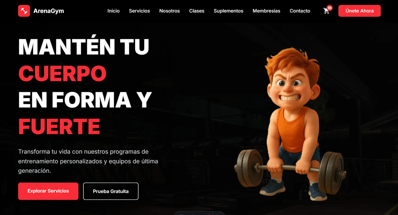 Captura de pantalla del proyecto Areno Gym - Landing page para un gimnasio, con un diseño moderno y atractivo, con un diseño responsive para que se vea bien en cualquier dispositivo. También tiene un formulario de contacto con validación de campos y un mapa con la ubicación del gimnasio, posibilidad de comprar suplementos a través de WhatsApp.